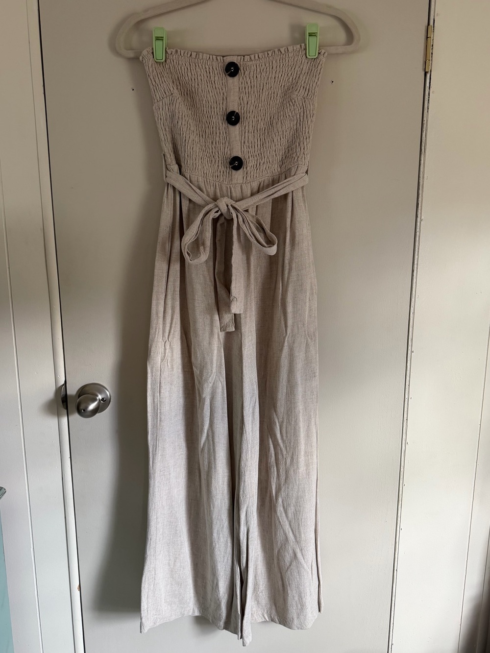 Carly Jean Strapless Smocked Wide-Leg Jumpsuit in Light Tan